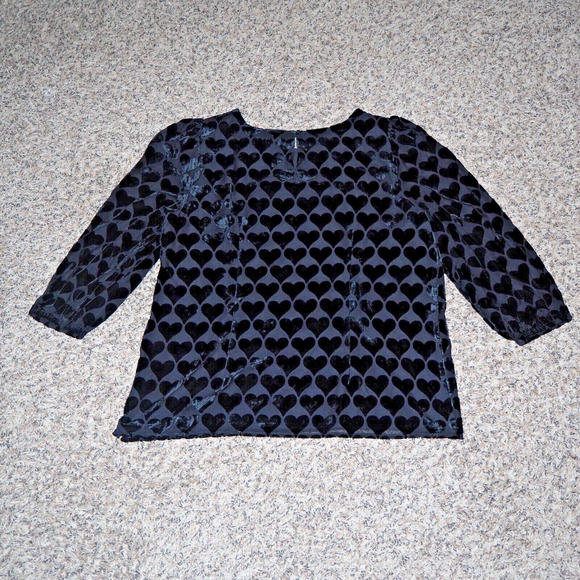 TALBOTS Black Velvet Burnout Hearts Blouson Top Size L Sheer Overlay Blouse - Picture 12 of 12